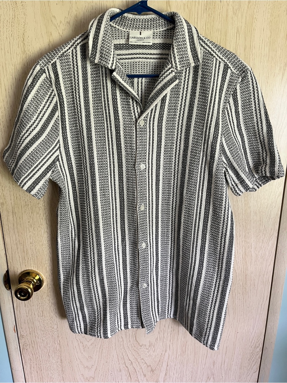 LARSSON & CO Textured Stripe Short Sleeve Shirt Black & White Mens Large